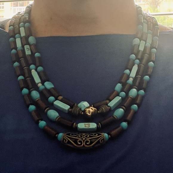 Four Rows Turquoise Wood Beads Necklace - Picture 4 of 6